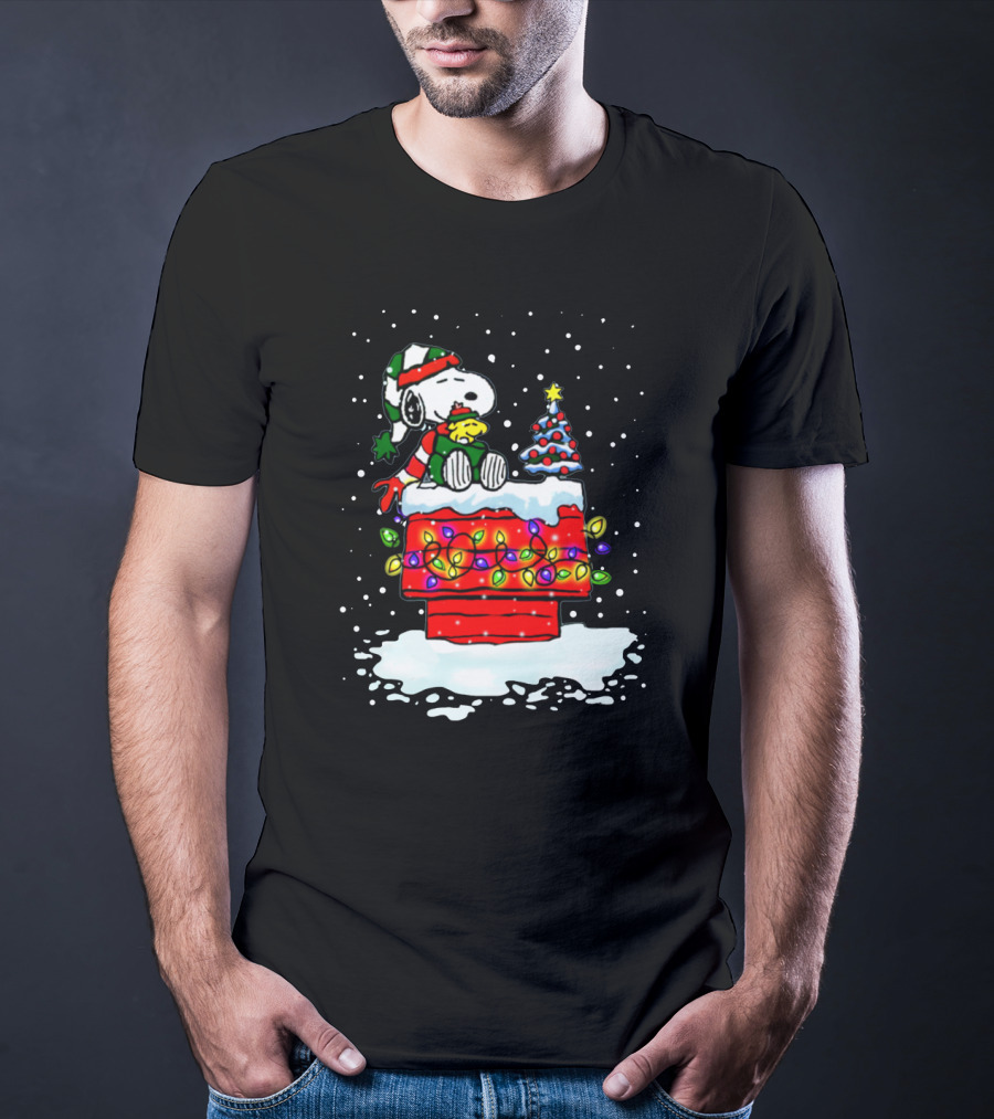 Snoopy Christmas Lights On Doghouse With Woodstock And Winter Scene From Peanuts T-Shirt