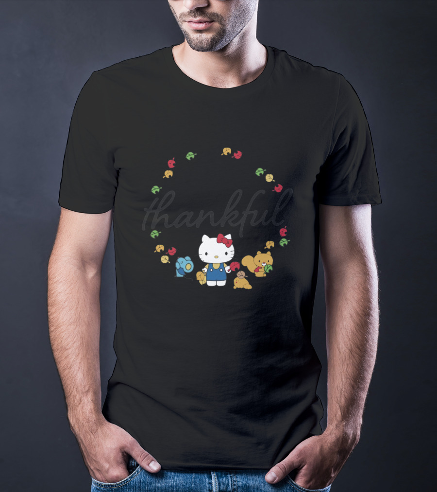 Thankful Hello Kitty Surrounded By Colorful Autumn Leaves And Forest Friends T-Shirt