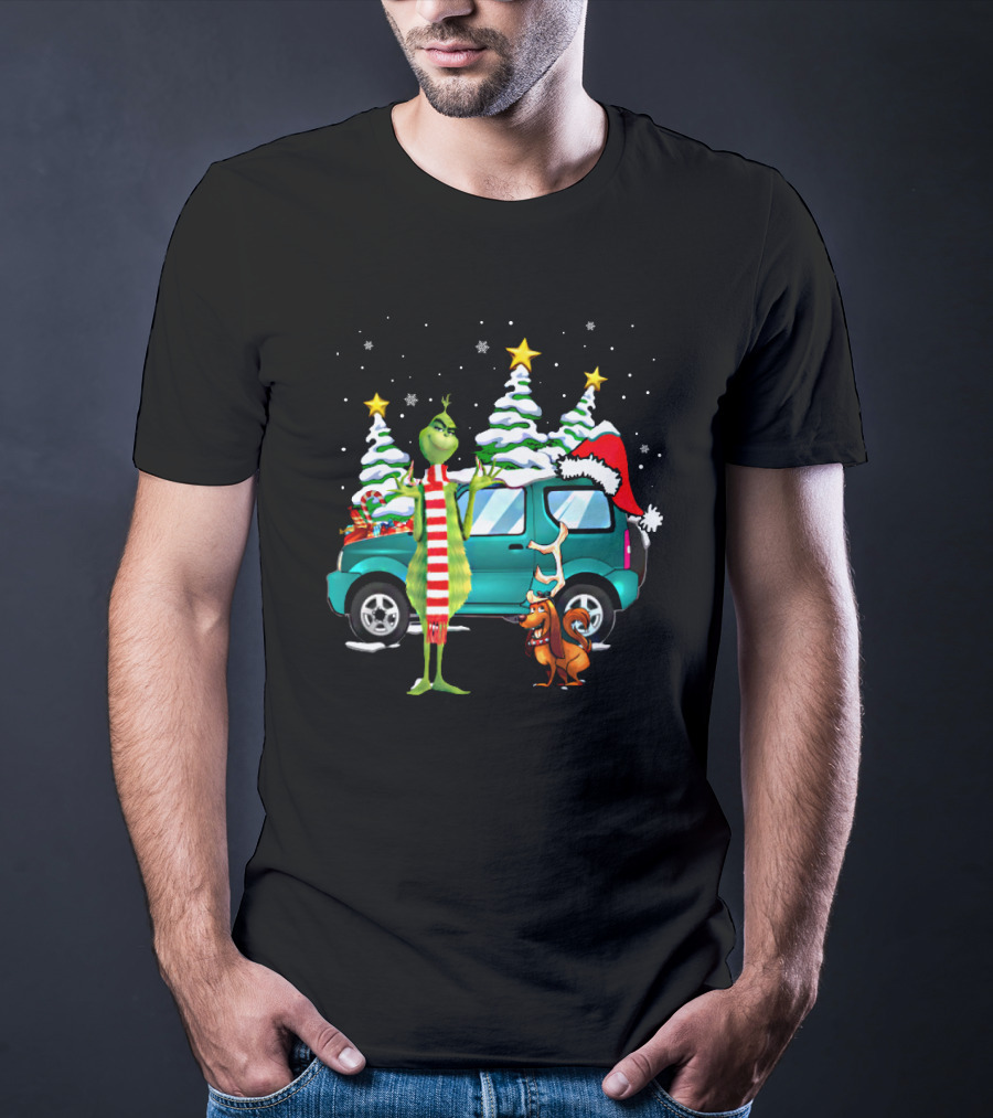 Grinch Max Dog Christmas Snow Trees Santa Hat Car Scene T-Shirt