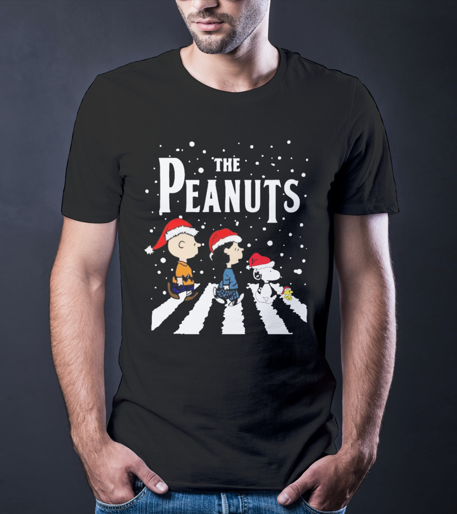The Peanuts Christmas Abbey Road With Snoopy And Friends In Santa Hats T-Shirt