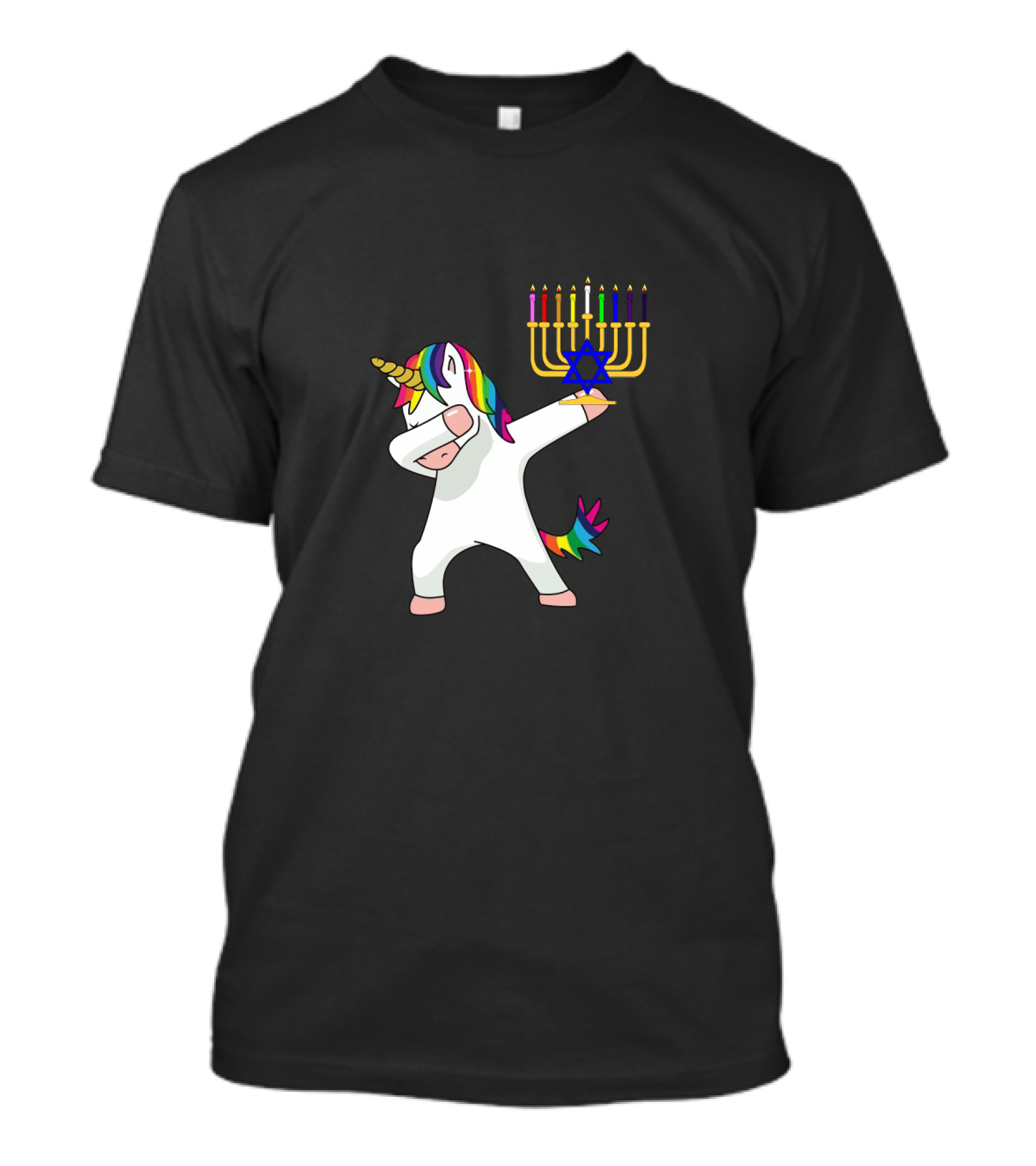 Unicorn Dabbing With Menorah Hanukkah Rainbow Mane And Tail T-Shirt