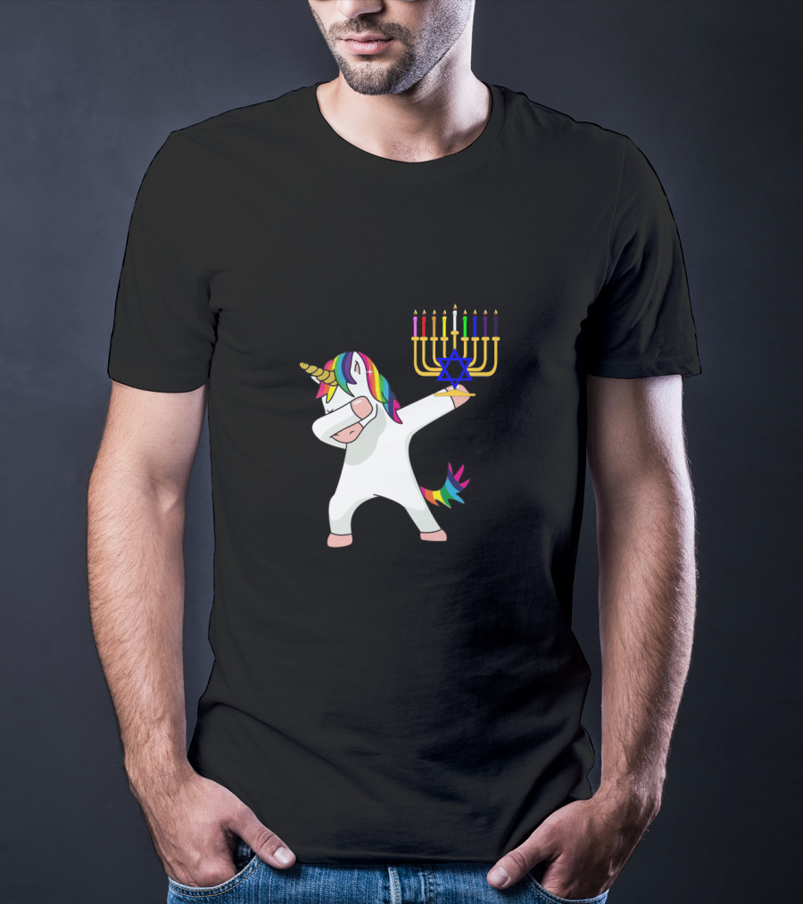 Unicorn Dabbing With Menorah Hanukkah Rainbow Mane And Tail T-Shirt