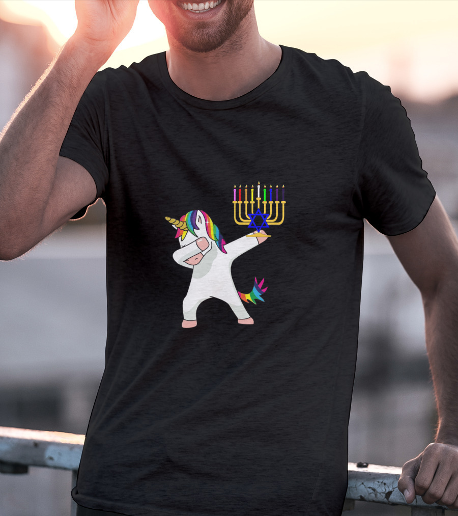 Unicorn Dabbing With Menorah Hanukkah Rainbow Mane And Tail T-Shirt