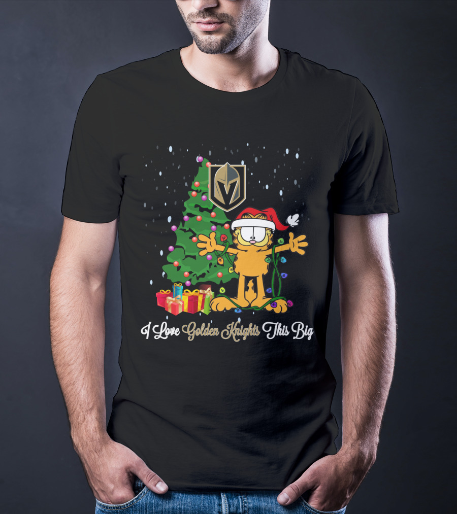 I Love Vegas Golden Knights This Big Garfield Christmas Tree Santa Hat T-Shirt