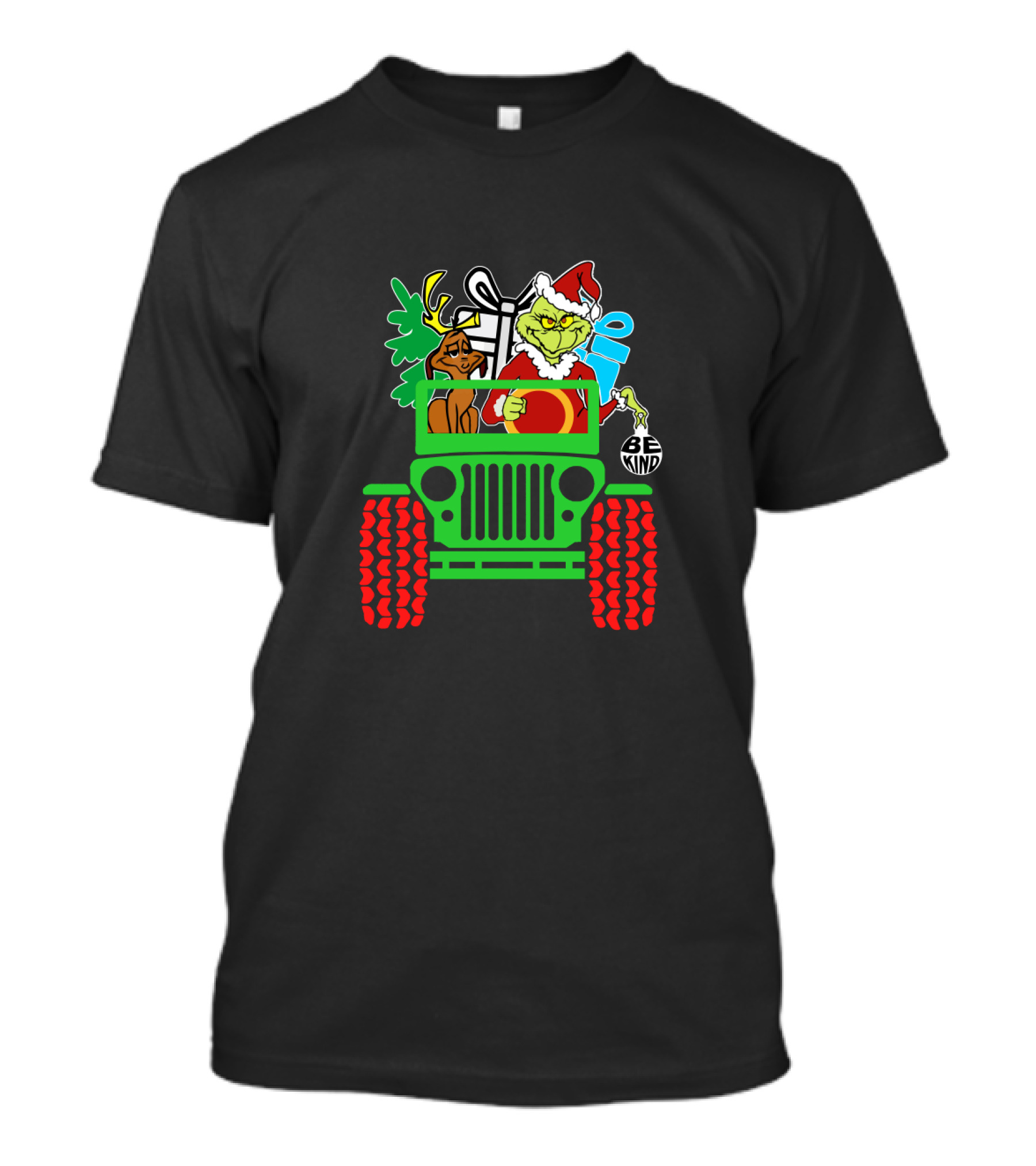 Be Kind Christmas Grinch And Dog In Jeep With Gifts T-Shirt