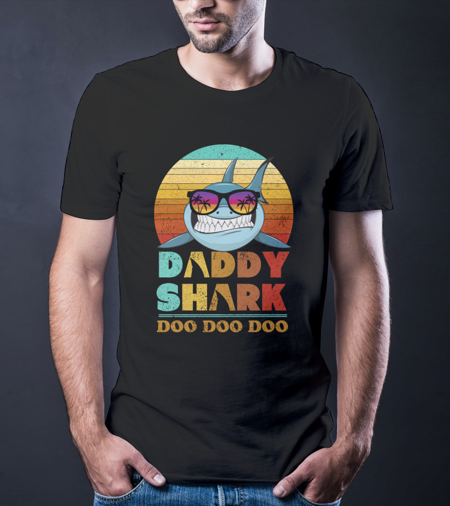 Daddy Shark Doo Doo Doo Retro Sunset Sunglasses Palms Colorful T-Shirt