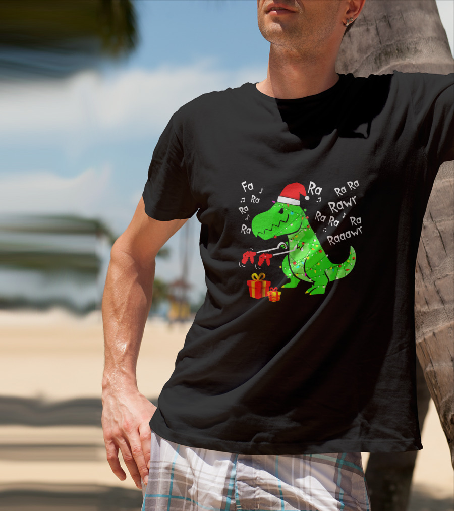 Santa Hat Dinosaur With Christmas Lights And Presents Singing Fa Ra Ra Ra Rawr Raaawr Tree Rex T-Shirt