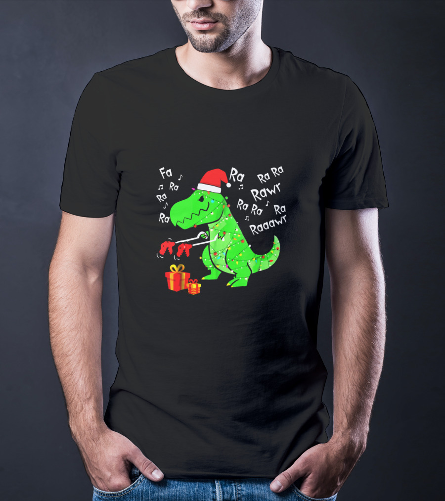 Santa Hat Dinosaur With Christmas Lights And Presents Singing Fa Ra Ra Ra Rawr Raaawr Tree Rex T-Shirt