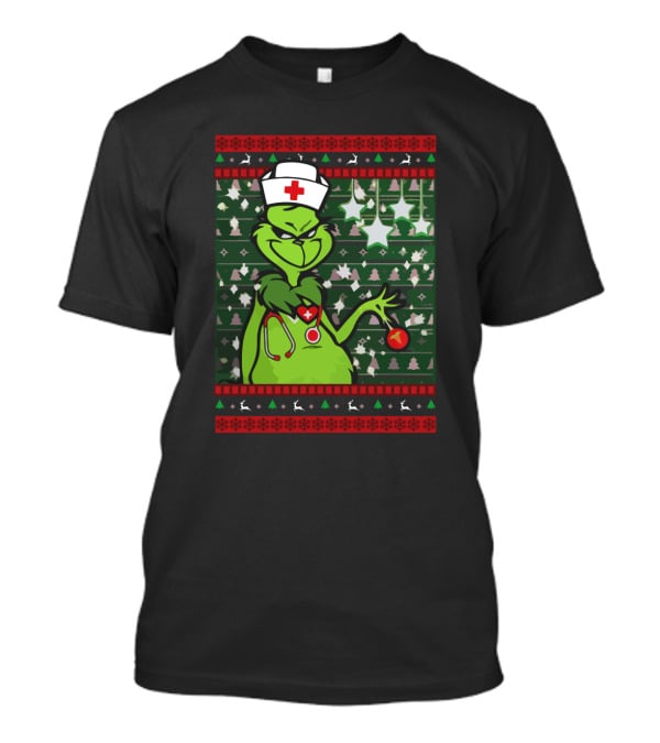 Nurse Ugly Sweater Merry Christmas Grinch With Nurse Hat And Stethoscope T-Shirt