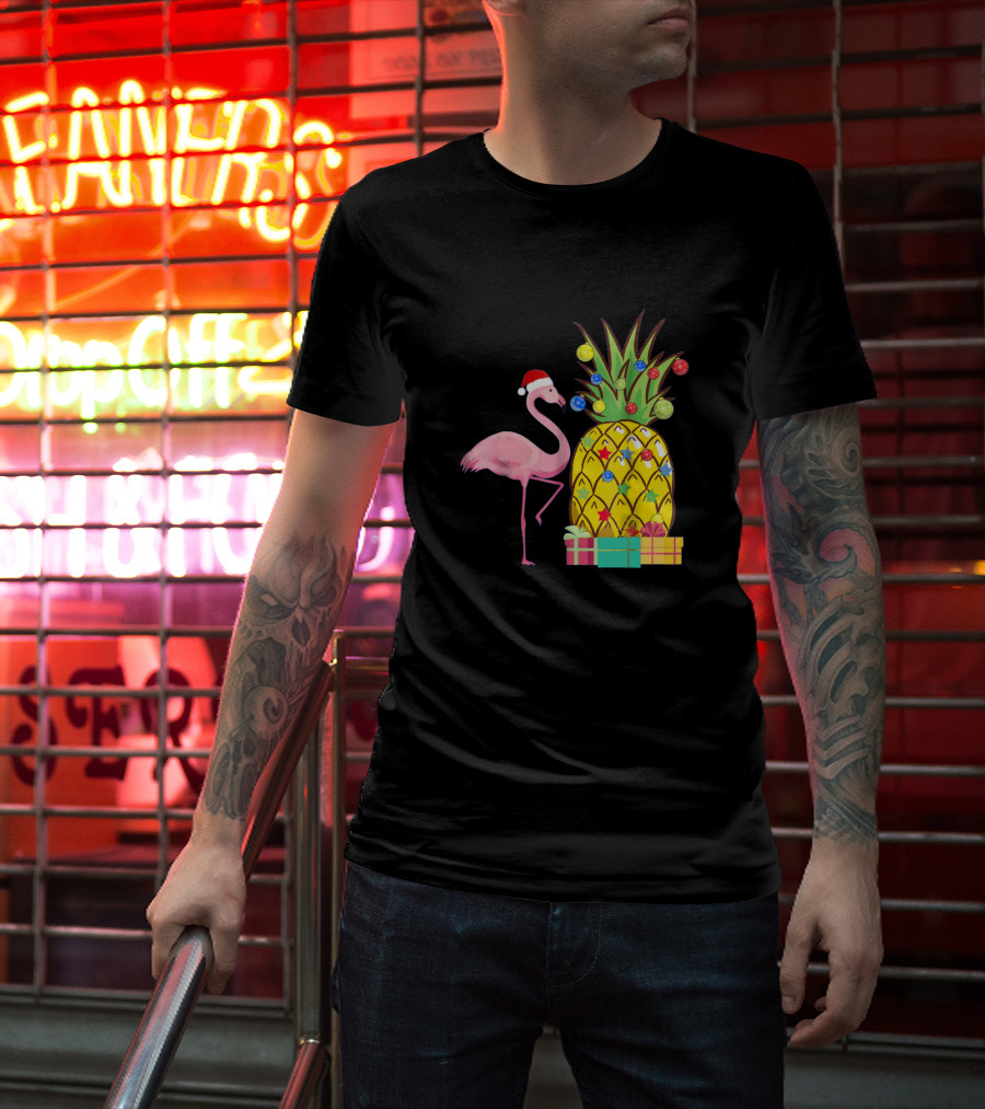 Santa Flamingo Christmas Pineapple With Colorful Ornaments And Holiday Gifts T-Shirt