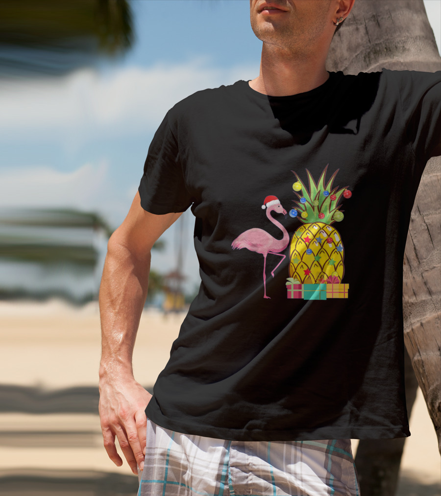 Santa Flamingo Christmas Pineapple With Colorful Ornaments And Holiday Gifts T-Shirt