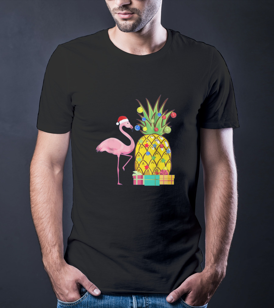 Santa Flamingo Christmas Pineapple With Colorful Ornaments And Holiday Gifts T-Shirt