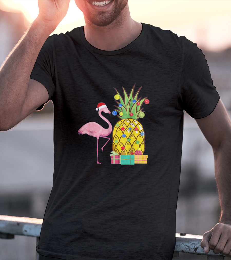 Santa Flamingo Christmas Pineapple With Colorful Ornaments And Holiday Gifts T-Shirt