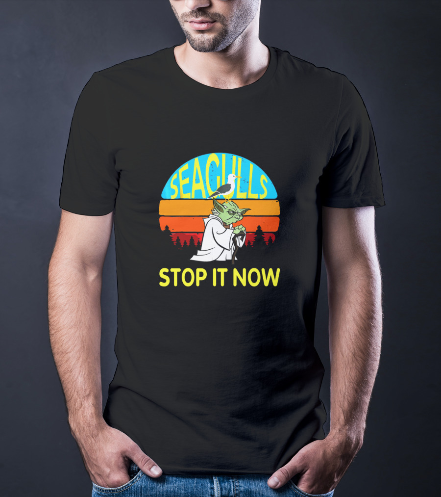 Seagulls Stop It Now Funny Retro Yoda Influence Vintage Sunset T-Shirt