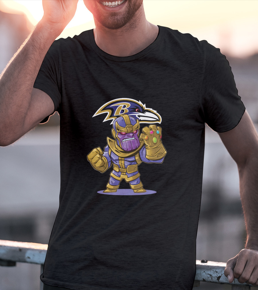 Thanos Marvel Character With Infinity Gauntlet And Baltimore Ravens Nfl T-Shirt