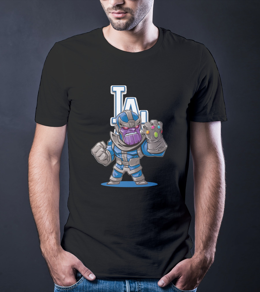 Thanos In Los Angeles Dodgers Colors With Infinity Gauntlet Front Of LA T-Shirt