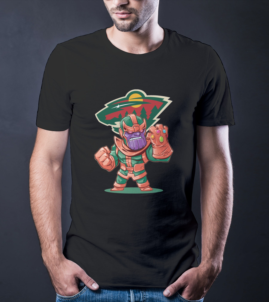Thanos Cartoon With Infinity Gauntlet And Minnesota Wild Logo Background T-Shirt
