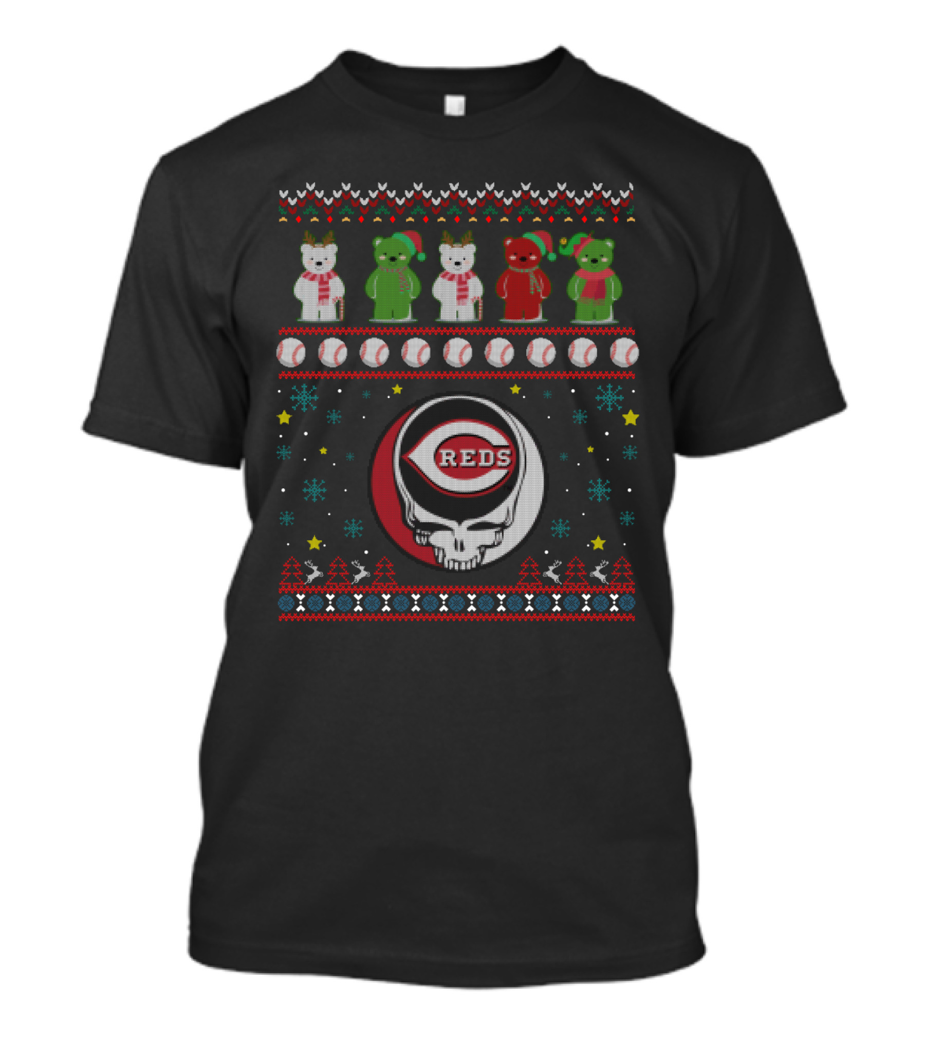 Cincinnati Reds Grateful Dead Dancing Bears Baseball Skull Holiday T-Shirt