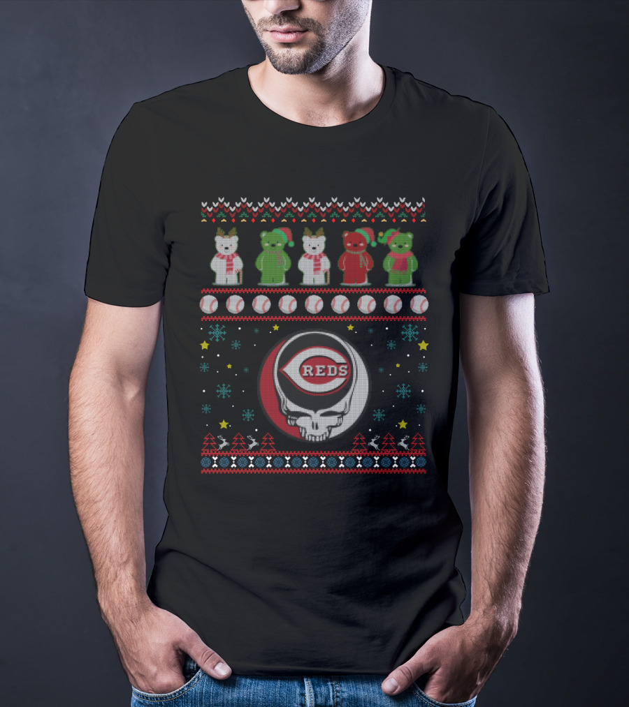 Cincinnati Reds Grateful Dead Dancing Bears Baseball Skull Holiday T-Shirt