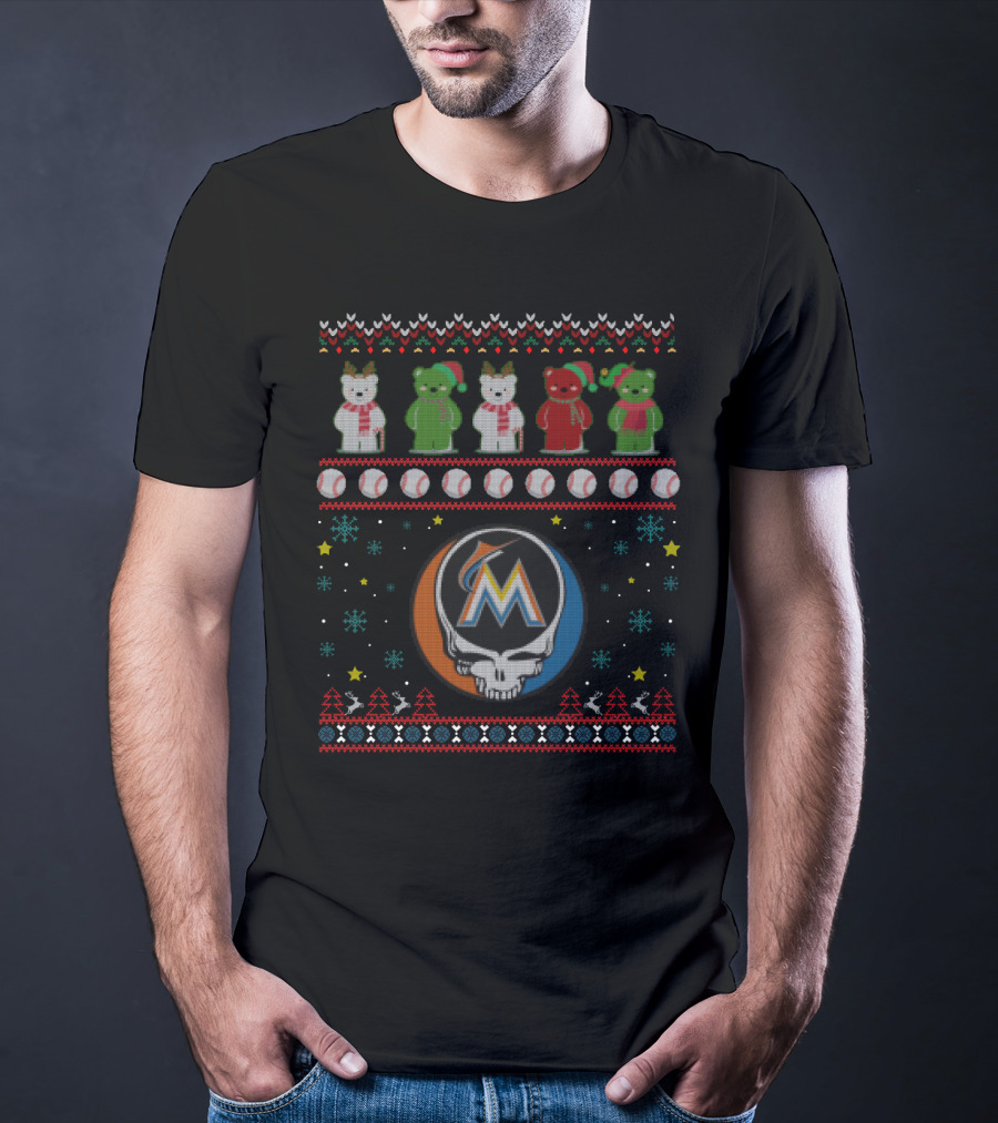 Miami Marlins Grateful Dead Bears Holiday Baseball Mashup T-Shirt