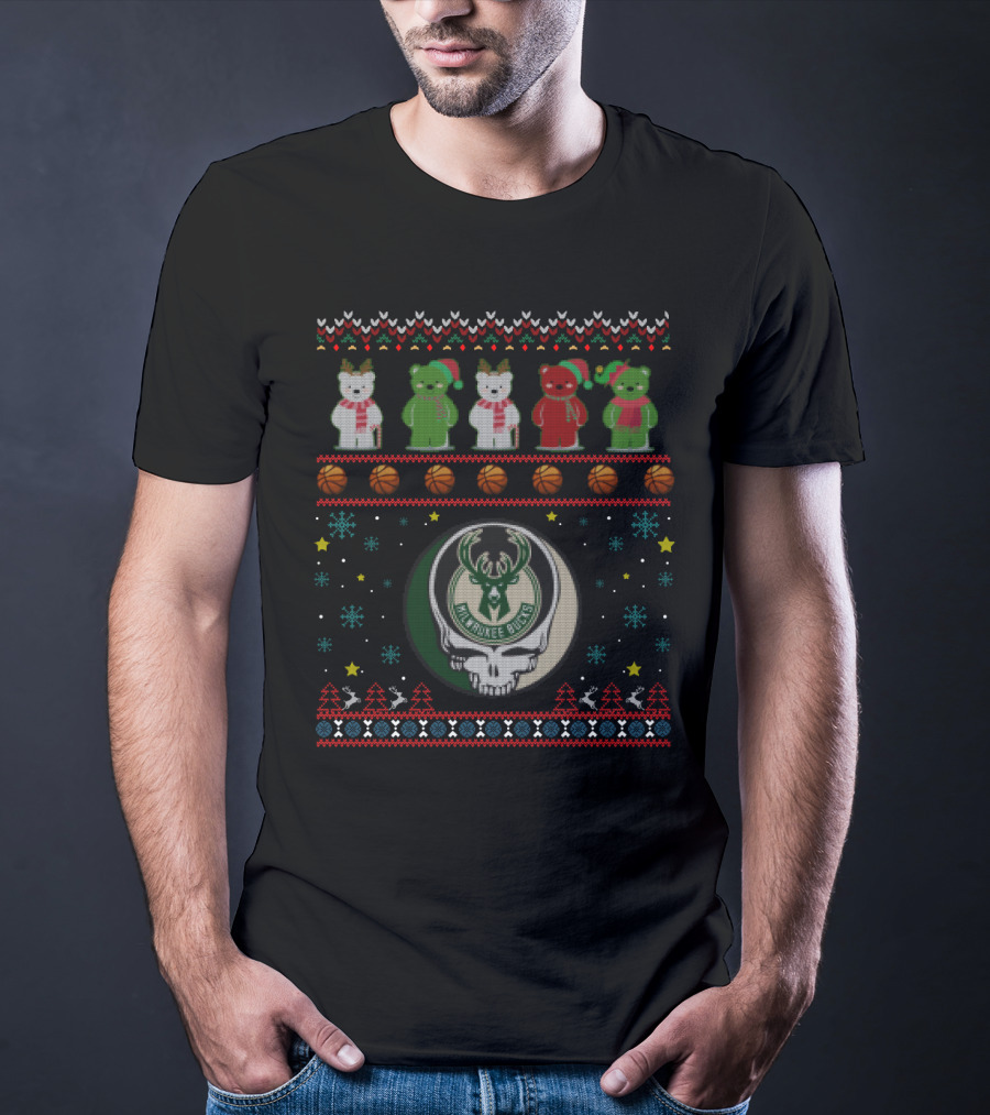 Milwaukee Bucks Grateful Dead Bears Christmas Sweater Style T-Shirt
