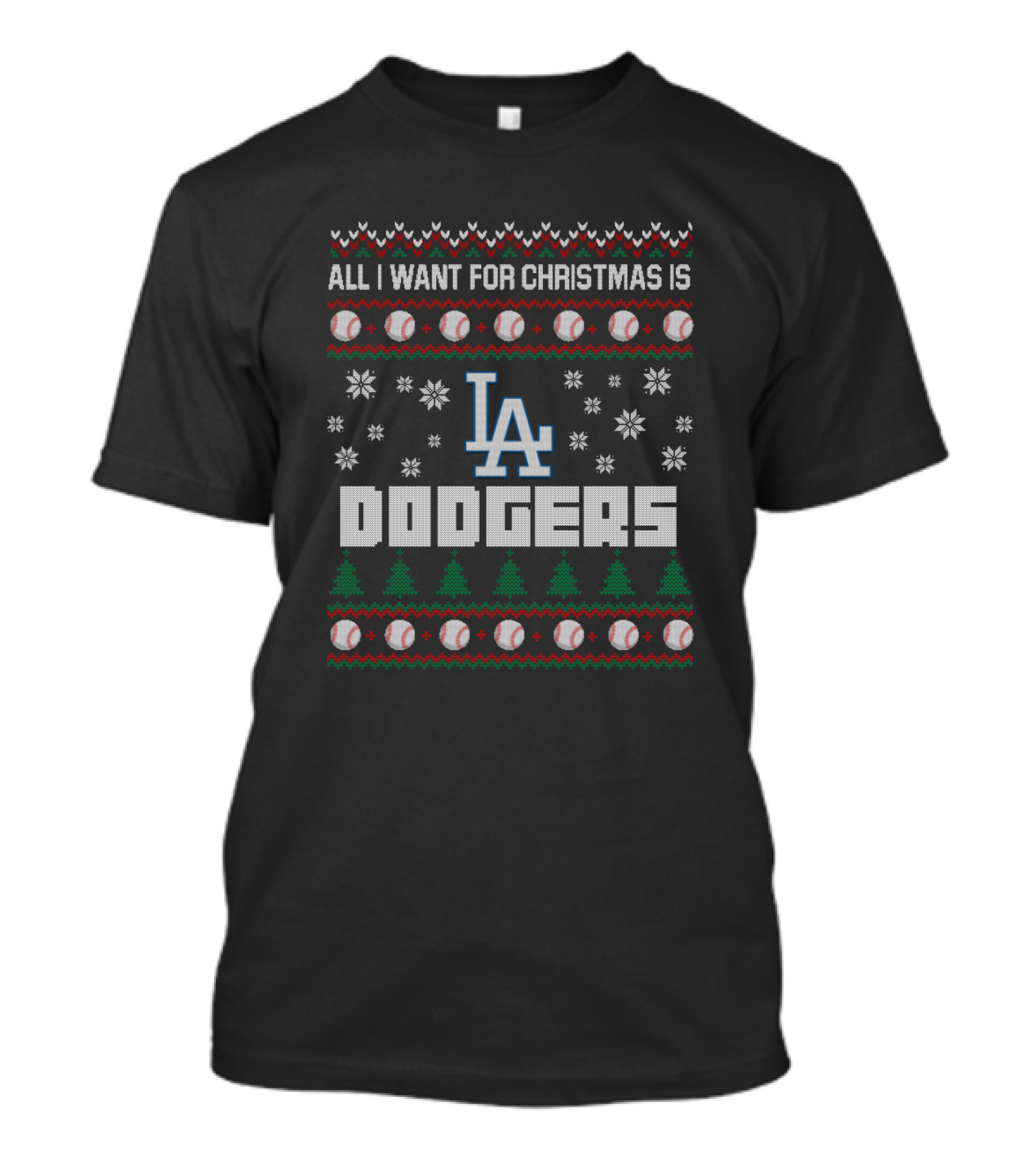 Los Angeles Dodgers Ugly Christmas Sweater Design For Fans With Baseballs And Holiday Trees T-Shirt