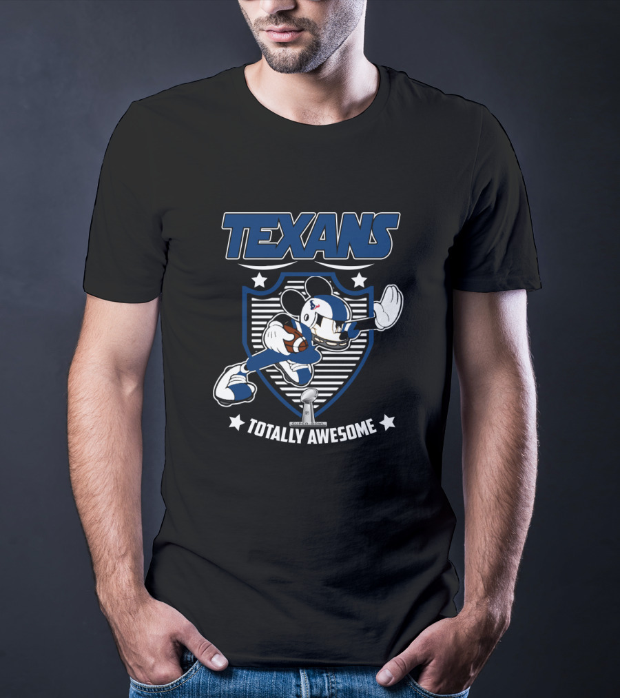 Texans Totally Awesome Football Fan Character Running With Ball On Shield T-Shirt
