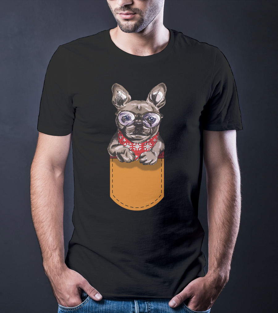 Cool Frenchie France Bulldog In Glasses With Red Scarf In Pocket T-Shirt