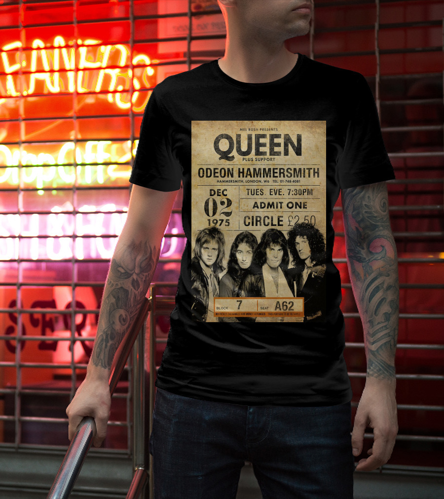 Queen Concert Odeon Hammersmith Dec 02 1975 Admit One Circle 7:30PM Block 7 Seat A62 T-Shirt