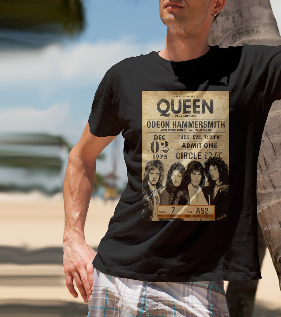 Queen Concert Odeon Hammersmith Dec 02 1975 Admit One Circle 7:30PM Block 7 Seat A62 T-Shirt