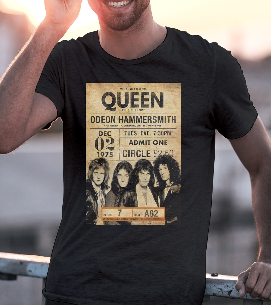 Queen Concert Odeon Hammersmith Dec 02 1975 Admit One Circle 7:30PM Block 7 Seat A62 T-Shirt