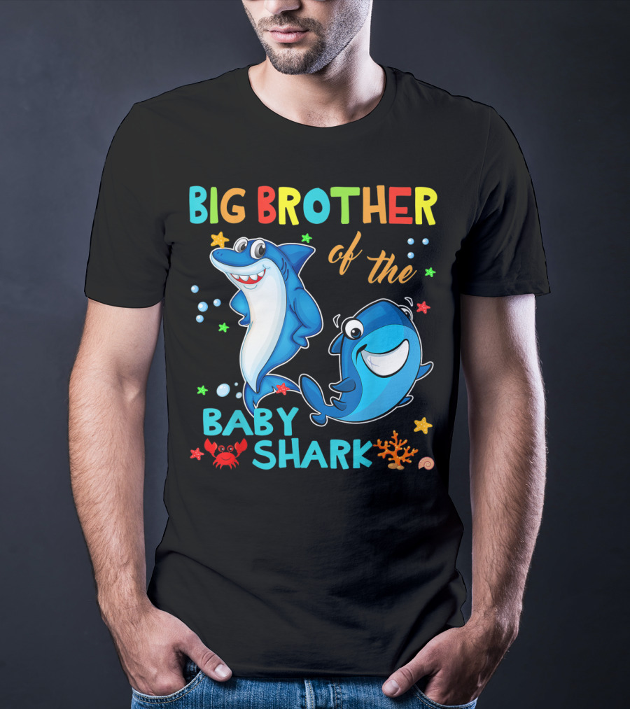 Big Brother Of The Baby Shark With Cartoon Sharks And Sea Creatures T-Shirt