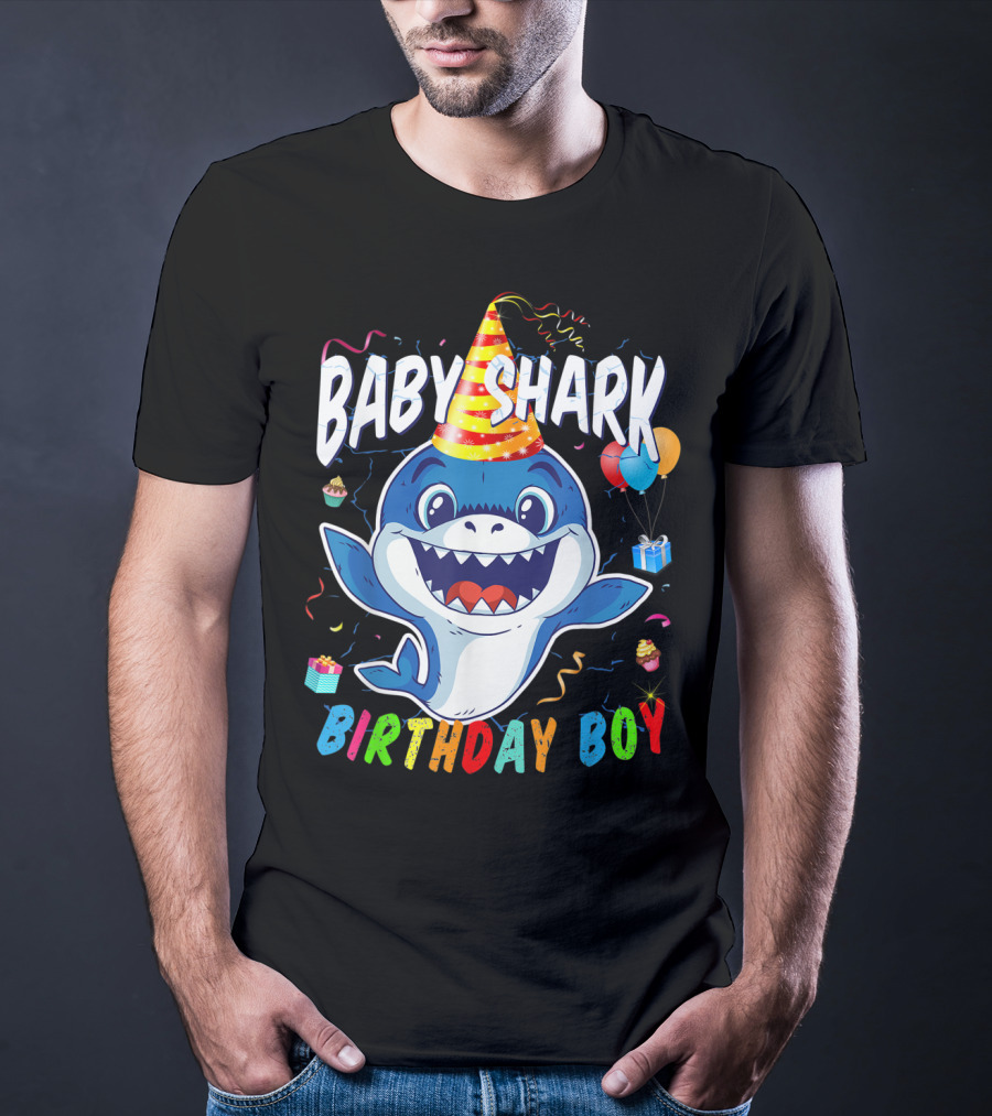 Baby Shark Birthday Boy Celebration With Party Hat And Balloons T-Shirt