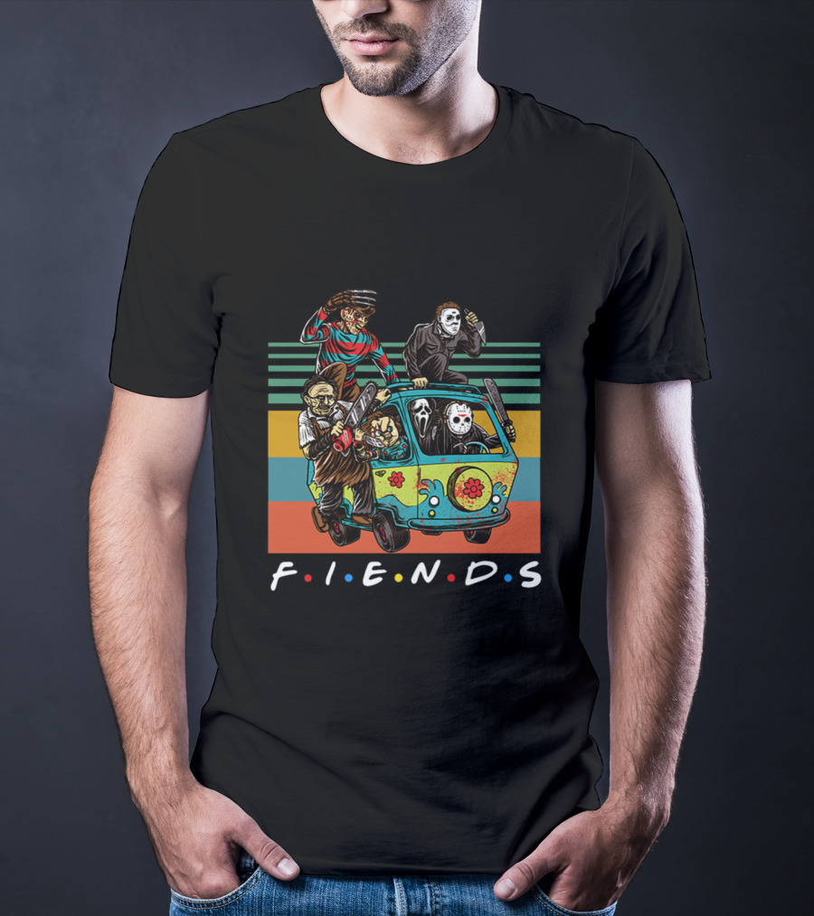 Fiends TV Show Horror Movie Characters Parody With Freddy Jason Scream Driving Scooby-Doo Van T-Shirt