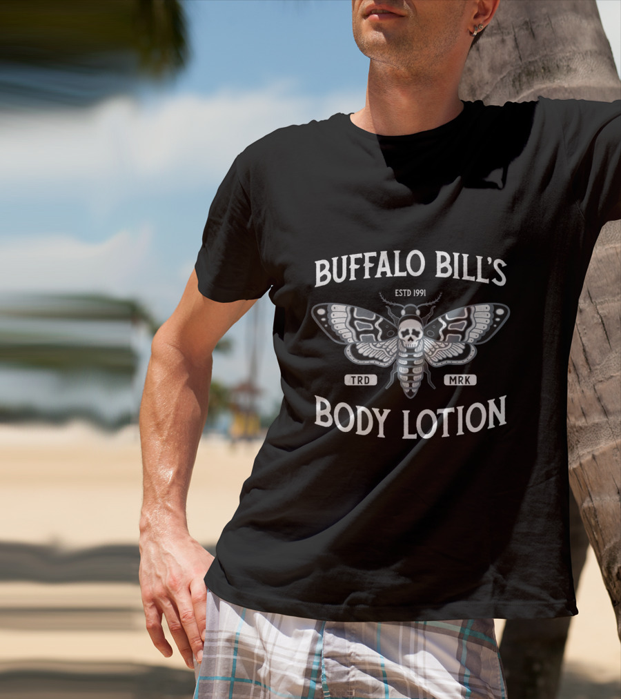 Buffalo Bill's Body Lotion ESTD 1991 Moth Skull TRD MRK It Rubs The Lotion On Its Skin T-Shirt