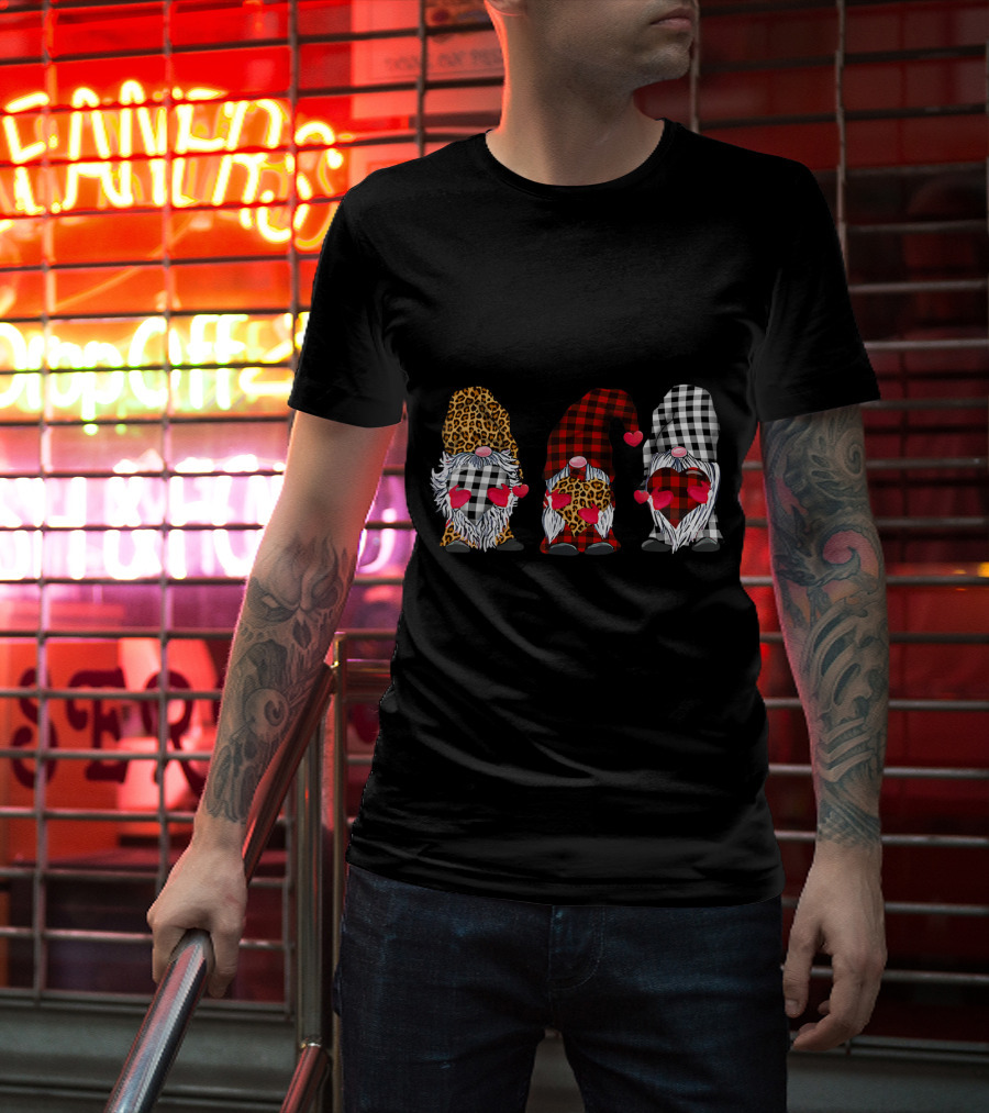 Three Gnomes Leopard Buffalo Plaid Hearts Valentines T-Shirt