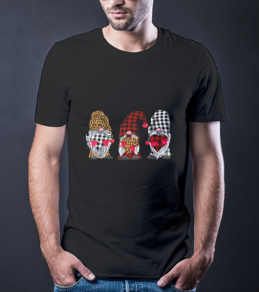 Three Gnomes Leopard Buffalo Plaid Hearts Valentines T-Shirt