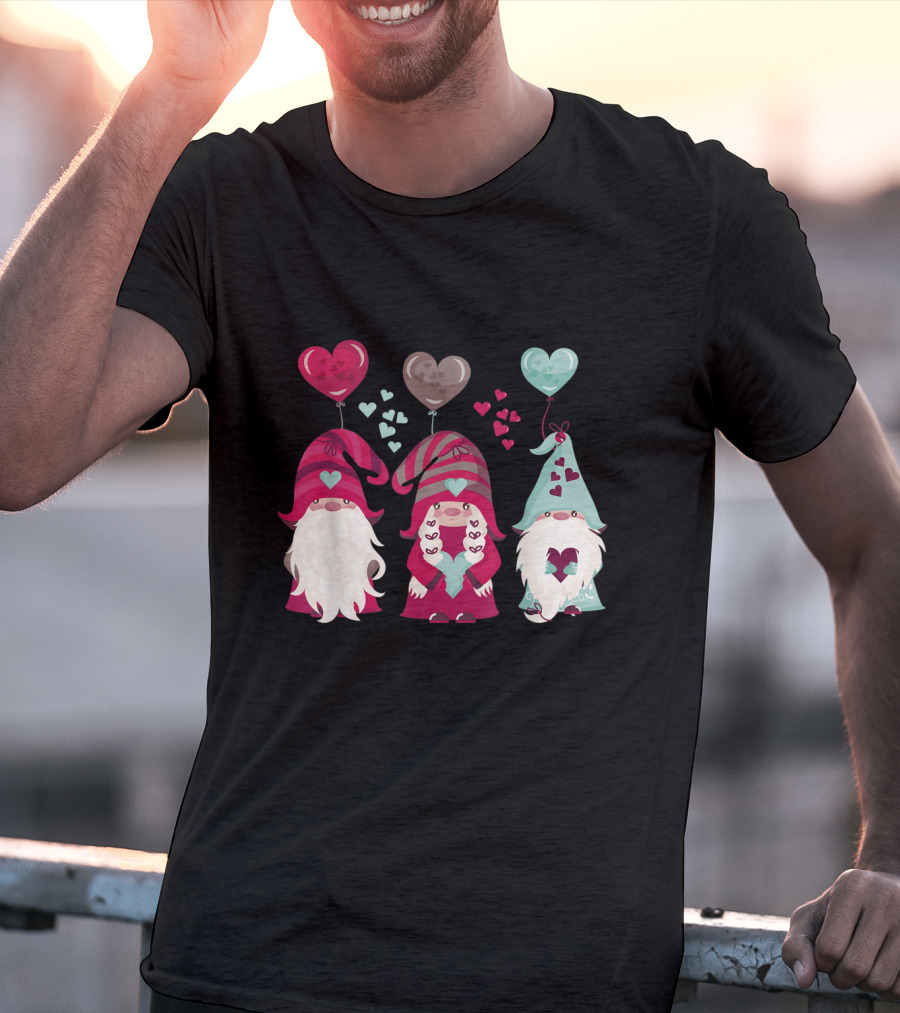 Three Gnomes With Heart Balloons Valentines T-Shirt