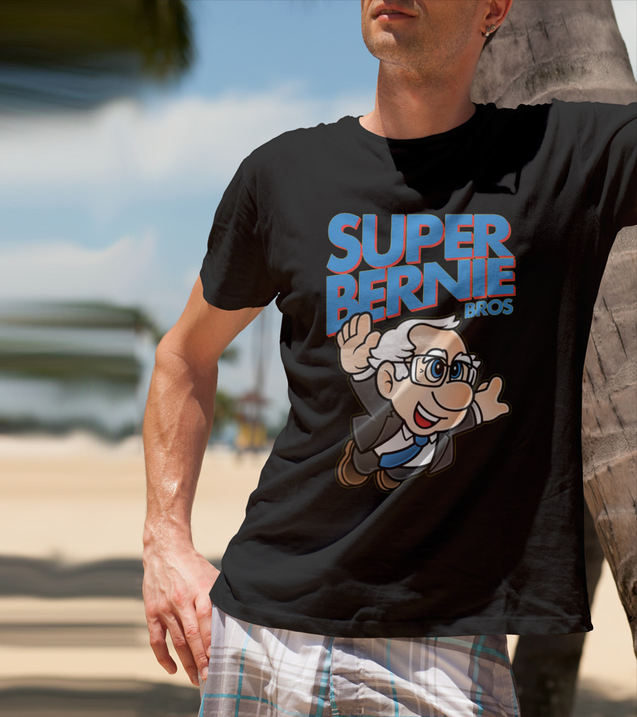 Super Bernie Bros Flying Cartoon Character In Blue Suit And Glasses Iconic T-Shirt