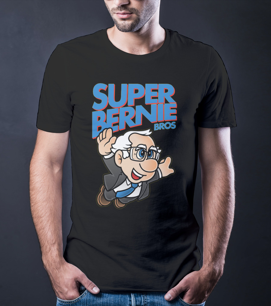 Super Bernie Bros Flying Cartoon Character In Blue Suit And Glasses Iconic T-Shirt