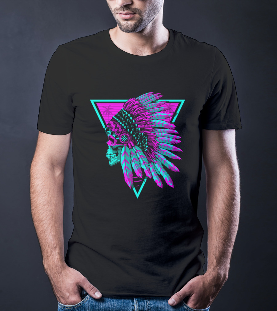 Retro Neon Skull With Headdress In Triangle Frame T-Shirt