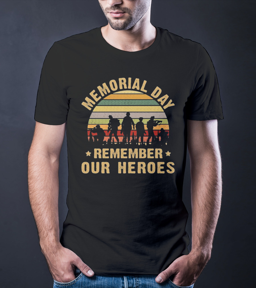 Memorial Day Remember Our Heroes Silhouette Vintage Stripes T-Shirt