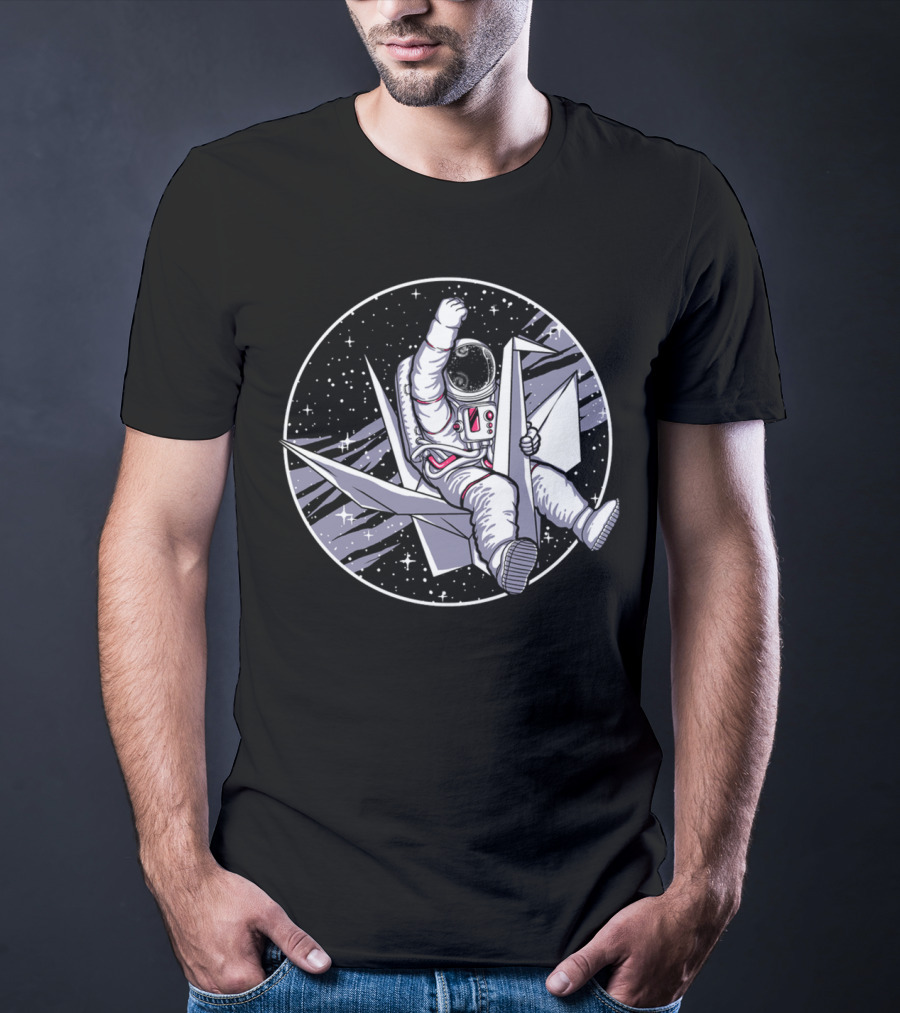 Astronaut Riding Origami Crane In Space Scene T-Shirt