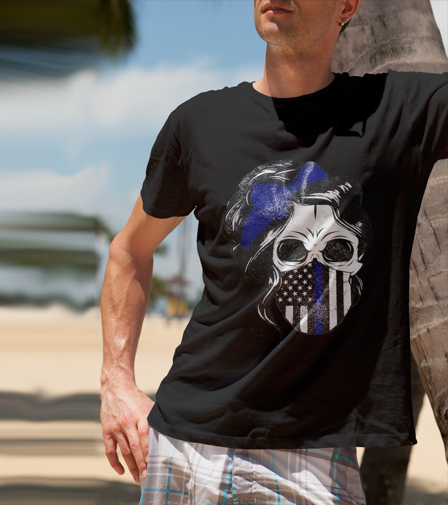 Skull Flag Blue Line Mask With Hair Bow And American T-Shirt