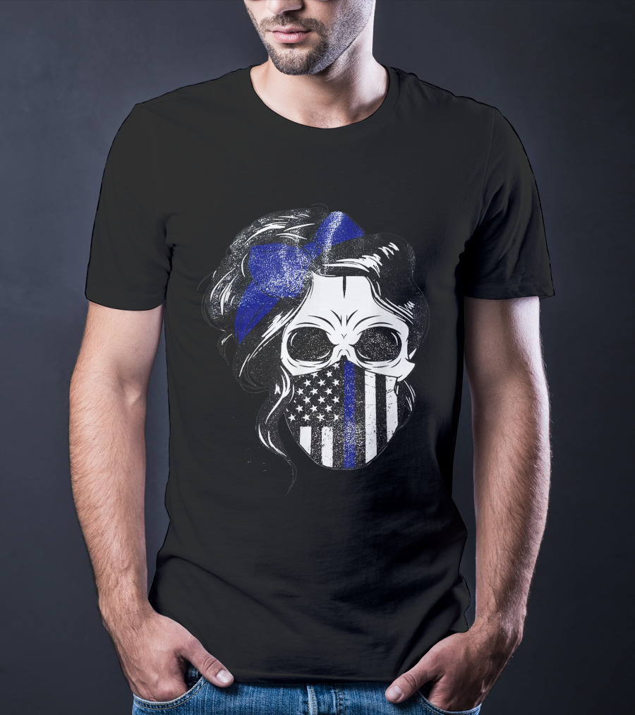 Skull Flag Blue Line Mask With Hair Bow And American T-Shirt