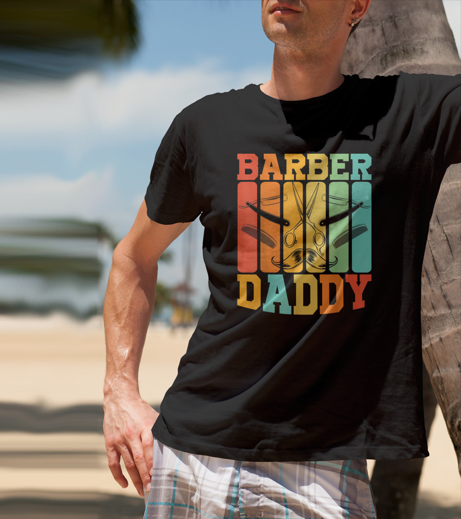 Barber Daddy Scissors And Comb Mustache Style Retro Blocks T-Shirt