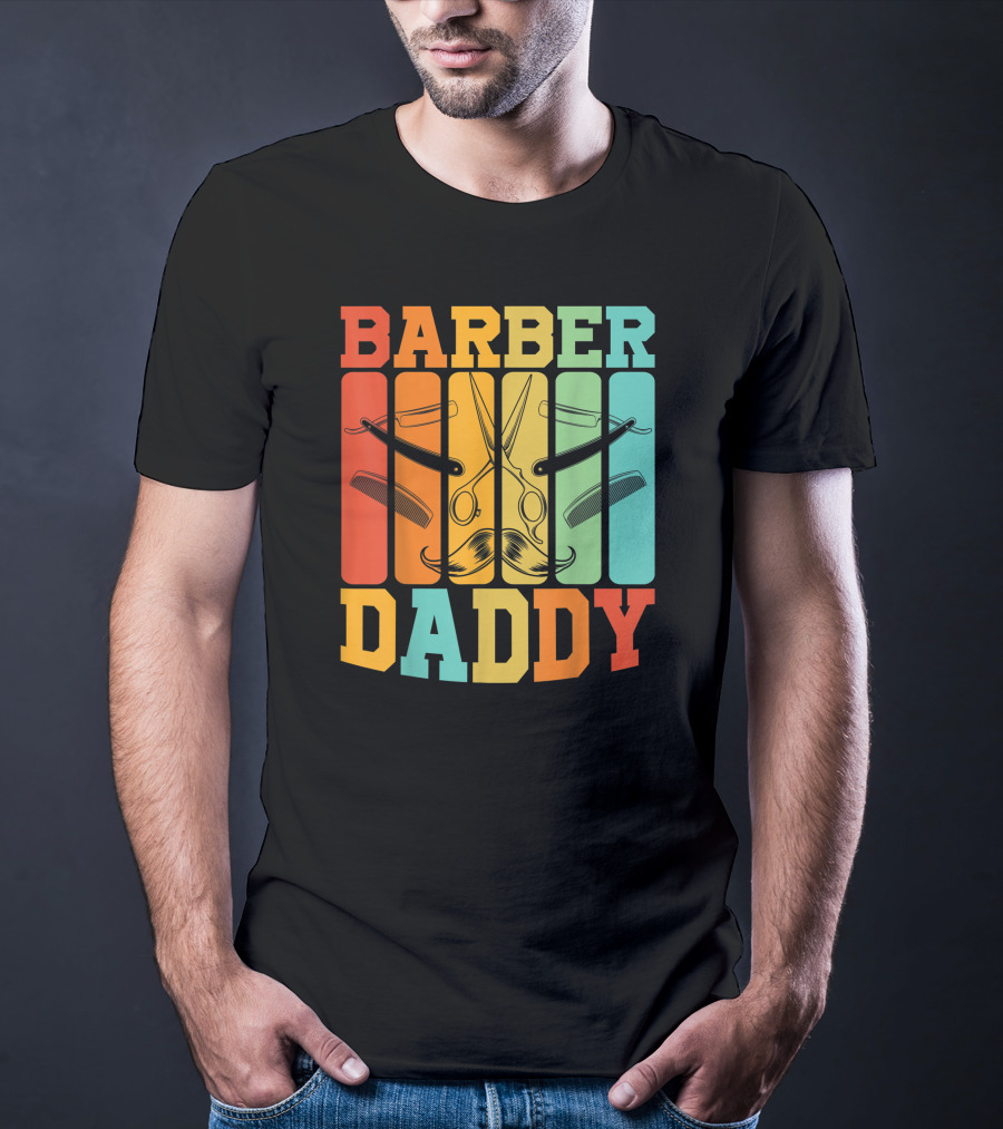 Barber Daddy Scissors And Comb Mustache Style Retro Blocks T-Shirt