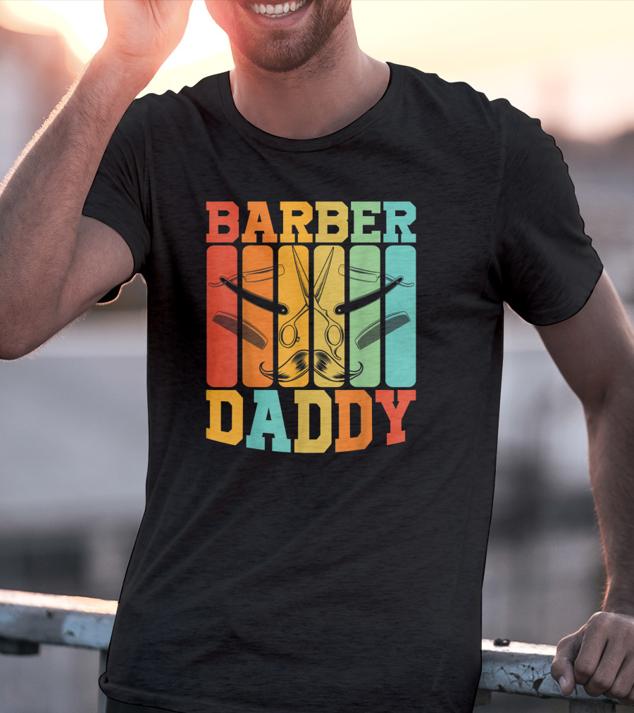 Barber Daddy Scissors And Comb Mustache Style Retro Blocks T-Shirt