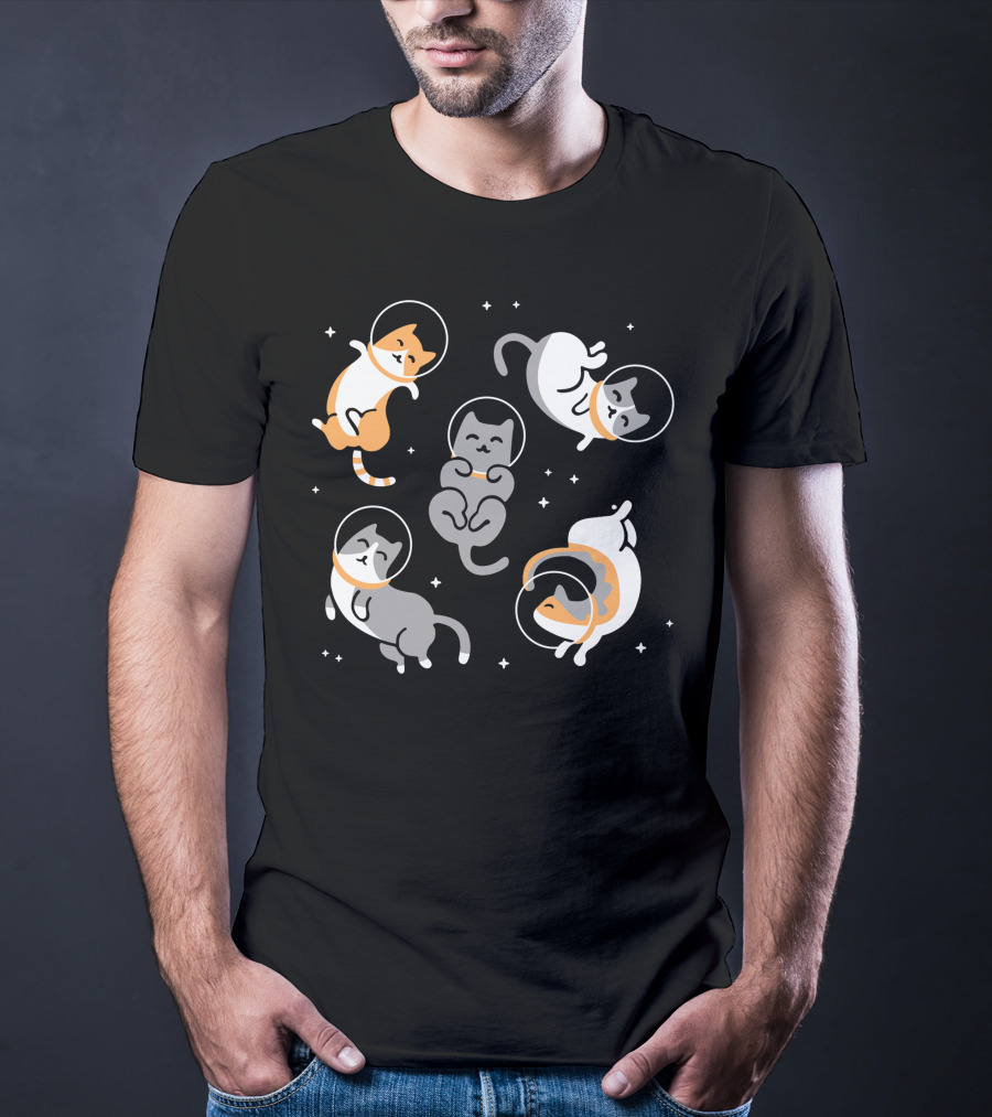 CATS IN SPACE Floating Cartoon Kittens In Astronaut Helmets Amid Stars T-Shirt
