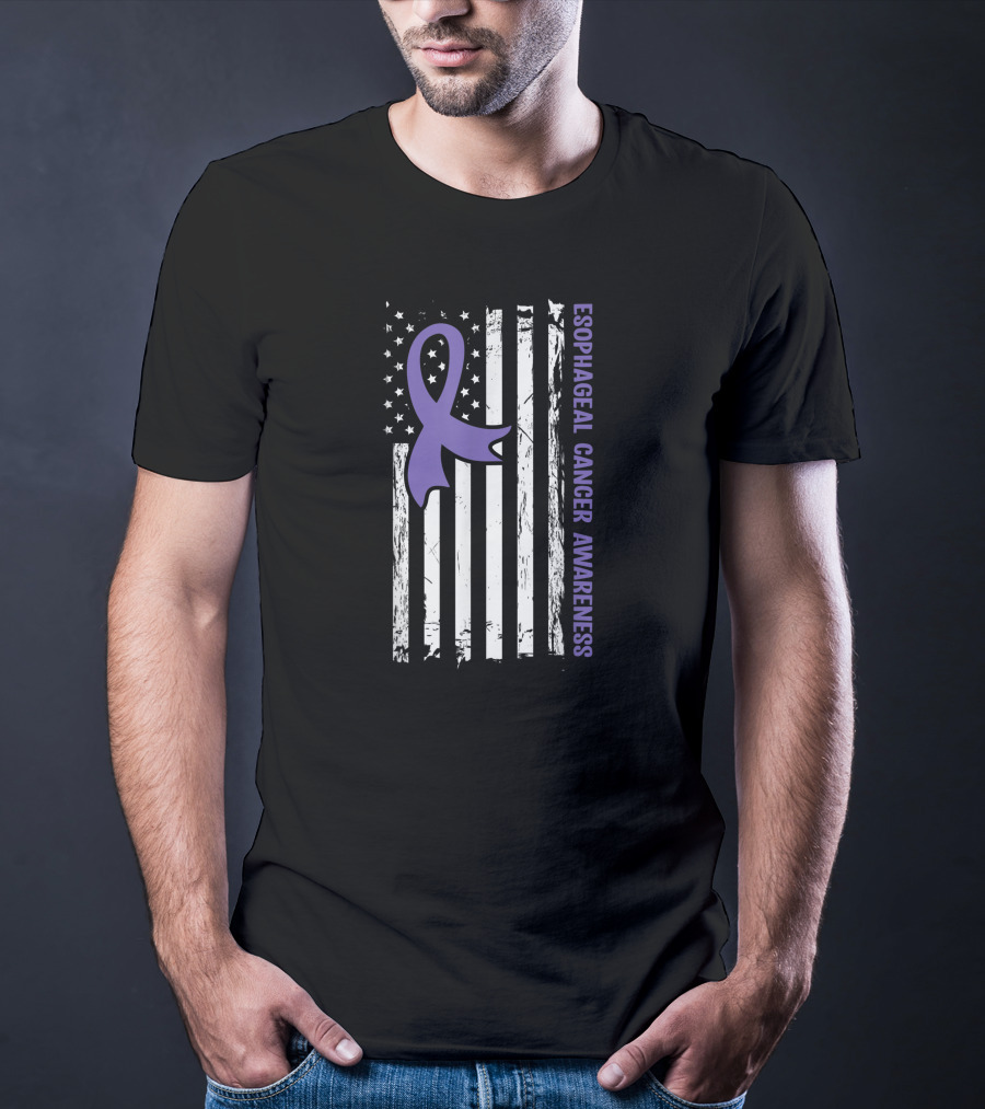 Esophageal Cancer Awareness American Flag Purple Ribbon T-Shirt